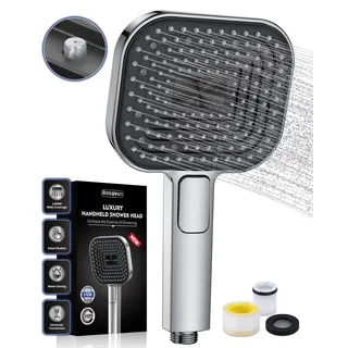 rekovan Duschkopf Wassersparend, Duschbrause Groß 135mm, Handbrause mit Antikalk-Funktion 【Lebensmittelechtes Silikon】【43% Wassereinsparung】, AirMix Brausekopf Dusche mit 3 Strahlarten, Chrom (Ohne Schlauch)