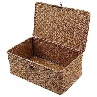 Alovez - Aufbewahrungskorb aus Seegras mit Deckel, kleiner Weidenkorb, Aufbewahrungsbox aus natürlichem Rattan, Wäschekorb, Weide