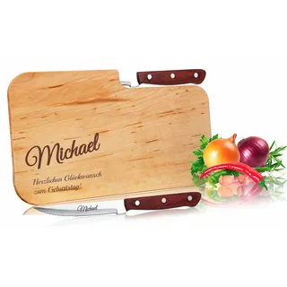 Personalisiertes Frühstücksbrettchen mit Messer aus Holz 26x16cm - Messerbrettchen, Küchenbrett Vesperbrett, Geburtstagsgeschenk, Vatertag, Muttertag, Geschenkidee für Frauen und Männer Namensgravur