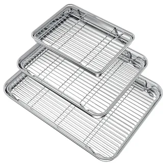 Wildone Backblech mit Gitter-Set 3 Pfannen + 3 Gestelle), Edelstahl-Backform mit Kühlgitter, ungiftig, strapazierfähig und leicht zu reinigen
