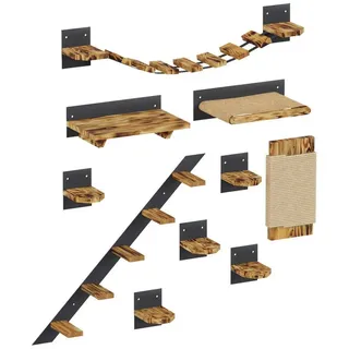 QLS Katzen Kletterwand Set Hängebrüke Katzenbett Katzenregal zur Wandmontage im industriellen Stil aus Holz und Stahl