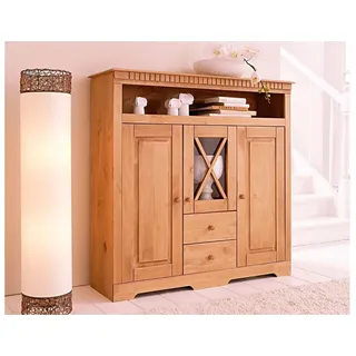 Home Affaire Highboard »Lisa«, Stauraumschrank aus massivem Kiefernholz, mit dekorativen Fräsungen, beige