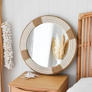 Home Dress Runder Wandspiegel, groß, dekorativ, zur Wandmontage | Maritimes, mehrfarbiges Juteseil für rustikalen Bauernhaus-Wandspiegel, Moderne Dekoration für Badezimmer (30 inch)