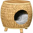 Katzenhöhle aus Rattan 2-in-1 Design Katzenkorb mit Kissen Katzenhütte Haustierbett Wasserhyazinthengras Paulownia Holz