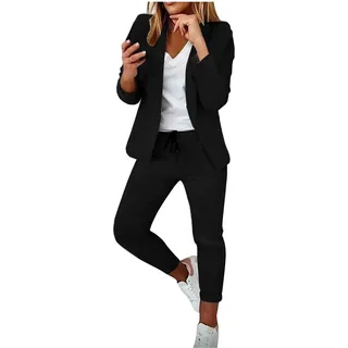 AACH Hosenanzug Damen Elegant Business Blazer Zweiteiler Einfarbig Langarm V-Ausschnitt T-Shirt Oberteil und Hose Hosenanzüge - M