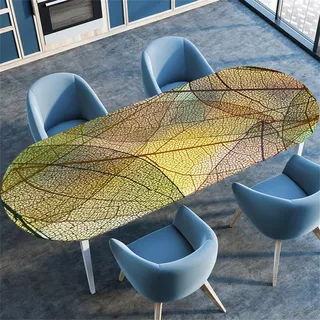 Highdi 3D Elastische Tischdecke Oval Abwaschbar, Spanntischdecke Oval Gartentischdecke Outdoor Tischdecke mit Gummizug für Esszimmer, Küche (Blatt-Motiv 1,107x165cm)