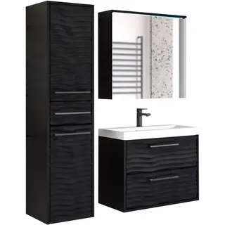 WELLTIME Badmöbel-Set »Canada - Fronten mit Wellenstruktur«, (Komplett-Set, 3 St., Fronten mit Wellenstruktur), Badmöbel mit Soft-Close, Spiegelschrank, Waschtisch mit Becken, schwarz