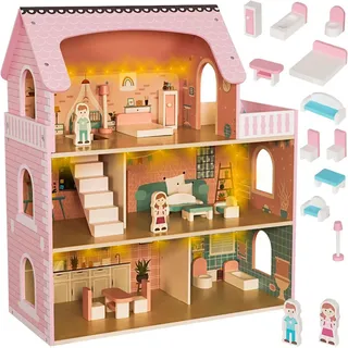 Kruzzel Puppenhaus aus Holz XXL 70 cm mit LED-Beleuchtung & Möbeln 3 Etagen Komplett-Set, sicher – robust für Kinder ab 3 Jahren KRUZZEL 26364