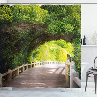 ABAKUHAUS Park Duschvorhang, Nature Boardwalk Torbogen, Stoffliches Gewebe Badezimmerdekorationsset mit Haken, 175 x 220 cm, Beige Grün Braun