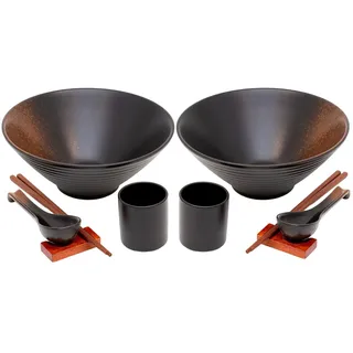 Intirilife Ramen Schüssel Set für 2 Personen aus Keramik in Schwarz - 1.1 Liter - je 2x Schüssel Stäbchen Löffel Becher und Ablage - für Nudelsuppe Reis Udon Schalen Bowl Japanische Suppe