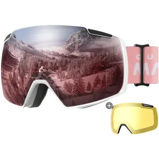 OutdoorMaster Heron Skibrille mit 2 Gläsern, rahmenlos, magnetisch austauschbare HD Toric Lens, OTG Snowboardbrille für Männer & Frauen, 100% UV-Schutz Snow Goggles (Rose Vlt 28% + Gelbe Linse)