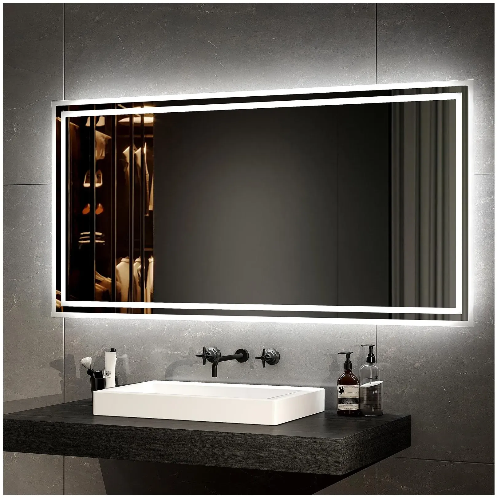 Emke, Spiegel, Badspiegel LED 120x60 cm, Warm-/Kaltweiss, Kippschalter, Antibeschlag, Aluminiumrahmen, IP44 (120 x 60 cm)