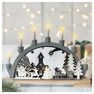 Hti-Living Moderner Schwibbogen LED Holz Grau mit Weihnachtsmotiv und 7 LED Kerzen