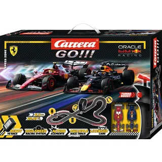 Carrera GO Speed Zone – Formel-1-Rennbahn Set mit Red Bull RB21 M. Verstappen No.1 und Ferrari SF-25 L. Hamilton No.44 – Slotcar Bahn 1:43 mit Looping und 6,3 m Strecke für packende Duelle