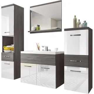 WELLTIME »ELDA«, (Komplett-Set, 5 St.), Waschtisch inkl. Waschbecken, Hochschrank, Badschrank und Spiegel, braun