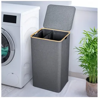 Björn&Schiller Wäschekorb 2 Fächer mit Deckel 100L, grau, schmal und hoch, Wäschesammler 2 Fächer, Wäschepuff mit Deckel, Wäschebox mit Fächern, waschbare Innentaschen, mit Bambusrahmen