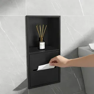 Unterputz Toilettenpapierhalter Einbau-Duschnische (Keine Fliesen Erforderlich), Leicht Zugängliche Edelstahl-Badezimmernischen, Zweistufiger Wand-Toilettenpapierhalter(Black)