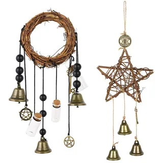 ChYoung Hexen Glocken Handgemachte Pentagramm-Hexe Rattan Glocken Home Schutz Türhänger Hängende Hexe Glocken Haus Erwärmung Boho Dekor (#7+#3)