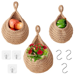 XNZMYN 3 Stück Wandhängender Obstkorb zum Aufhängen Set, Handgewebt Baumwollegewebe Obstkorb Hängend, mit 3 Wandaufkleber+3 Haken, Hängende Wandkörbe für die Küche, Wohnen & Schlafzimmer (Jute)