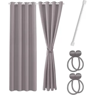 Cozyor Praktisches Set ohne Bohren: 2X Vorhang + 1x Klemmstange 111-200 cm + 2X Raffhalter mit Magnet Blickdicht & verdunkelnd, als Raumteiler, Fenster & Tür Hellgrau Thermovorhang 200x135cm
