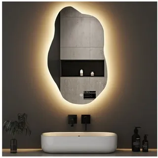 WDWRITTI Wandspiegel mit beleuchtung Badspiegel LED Touch Modern Dreifarbiges Dimmbar (LED Spiegel Bad Schminkspiegel Dekospiegel, Wolke, Wassertropfen, Stein), LED Multifunktionspiegel, Asymmetrisch Spiegel bunt Wolke | 62 cm x 90 cm