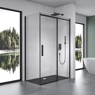 mai & mai Duschkabine Duschabtrennung Schwarz 8mm Sicherheitsglas mit NANO 90x120cm Eck-Dusche mit Schiebetür Ravenna18