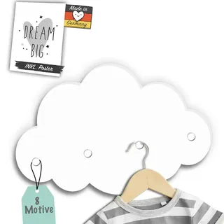 Kindsblick ® Wolkengarderobe in weiß - Garderobe mit 4 Kleiderhaken für Kinder - Wunderschöne Deko für jedes Kinderzimmer - Maße (38 x 25 x 1 cm)