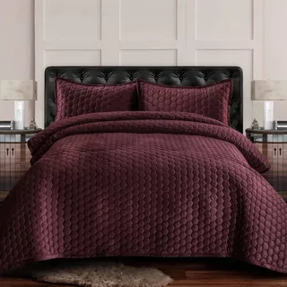 Tribeca Living Velvet Twin Quilt Set - Zweiteiliges Lugano Wabenstich Bettwäsche, superweicher 260 g/m2 Samt, übergroße Steppdecke und 1 Kissenbezug, Pflaume