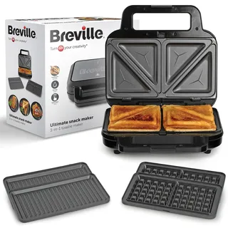 Breville 3-in-1 Ultimativer Sandwichmaker | Extra tiefe Platten für Sandwiches, Waffeln & Paninis | Herausnehmbare Platten mit Antihaftbeschichtung | Schwarz & Edelstahl [VST098X] | EU-Stecker