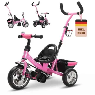 Spielwerk® Dreirad 2in1 mit Schubstange ab 1 Jahr Getränkehalter Kinderdreirad Klappbare Fußablage Baby Buggy Laufrad Kinderwagen Kleinkind Rosa