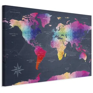 Pinnwand B&D XXL - Weltkarte Pinnwand & Leinwandbild 120x80 cm 1 Teilig Kunstdruck modern Wandbilder XXL Wanddekoration Design Wand Bild - Landkarte Karte Reise Geographie