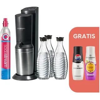 Sodastream Crystal 3.0 schwarz + 3 Glaskaraffen + Zylinder + 2 Sirups