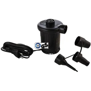 ADVENTURIDGE Elektrische Luftpumpe für Luftmatratze TÜV/GS-Zeichen 2 in 1 Aufpumpen und Entleeren elektrische Pumpe mit 3 Ventil-Adaptern für Matratze Schlauchboot Luftbett Schwimmring Schwarz