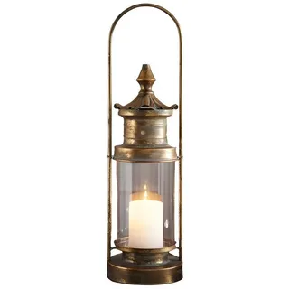 Dekoleidenschaft Laterne Gold aus Metall & Glas, 54 cm hoch, mit antiker Patina, Windlicht, Hängelaterne, Kerzenhalter, Gartenlaterne