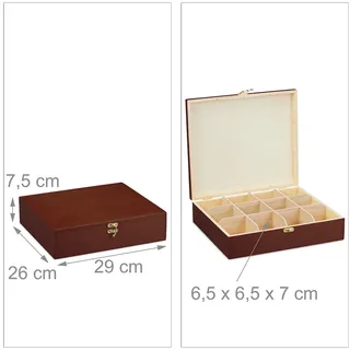 Relaxdays Teebox, 12 Fächer, Holz, Organizer für Teebeutel und Kaffeepads, Teekiste groß HBT: 7,5 x 29 x 26 cm, braun