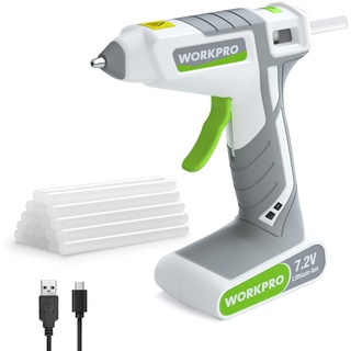 WORKPRO Heißklebepistole Akku kabellos 7,2V, Akku Klebepistole mit 20 Klebesticks, 40s schnelle Aufheizung, Schnelle Klebstoffabgabe, USB-Aufladung, für Handwerk, Dekoration, mit Typ-C-Ladekabel