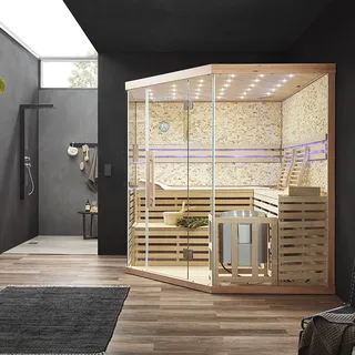 HOME DELUXE - Traditionelle Sauna - Skyline XL Big Kunststeinwand - 200 x 200 x 210 cm, für 2-6 Personen, Hemlocktanne, inkl. Saunazubehör I Damp...