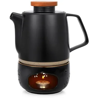 TELANKS Teekanne Keramik mit Siebeinsatz und Stövchen 850ML, Teekanne mit Sieb Herausnehmbar-Schwarz