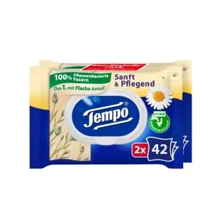 Tempo sanft & pflegend feuchte Toilettentücher, Feuchttücher mit natürlicher Kamille, 1 Doppel-Packung = 2 x 42 Tücher,