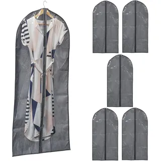 Relaxdays Kleidersack 6er Set, mit Reißverschluss, 135 x 60 cm, Vlies, Schutzhülle Anzug, Kleid, Hemd, grau/transparent, 135 x 60 x 0,1 cm