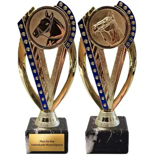 eberin – REIT Pokal 5,5cm x 3cm – Trophäe mit Gravur – 2 Pferde Motive – Award für Turnier, Reitsport, Pferd, Hobby Horsing, Turnierschleife blau/Gold, Ehrenpreis
