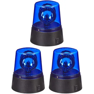 Relaxdays LED Blaulicht, 3er Set, Rundumleuchte mit drehendem Reflektor, Partylicht, Geburtstag, batteriebetrieben, blau