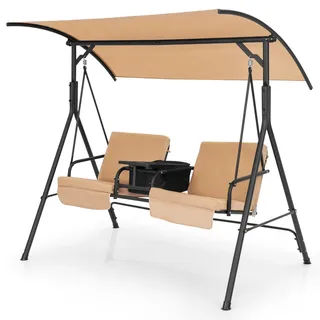 Costway Hollywoodschaukel mit Kühltasche, drehbarem Tablett, verstellbarem Dach und abnehmbaren Kissen, Gartenschaukel Schwarz