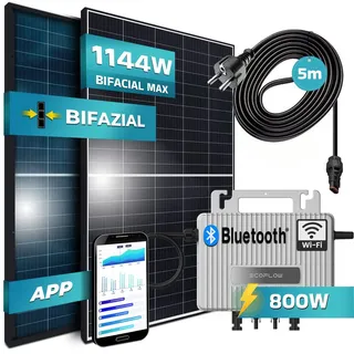 SUNNIVA® 1144W Balkonkraftwerk komplett Steckdose - Eco Flow 800W Wechselrichter PV Solaranlage Komplettset - 2x 440W BIFAZIAL, BLACK Frame, Single Glas Solarmodule - inkl. 5m Kabel - Bluetooth