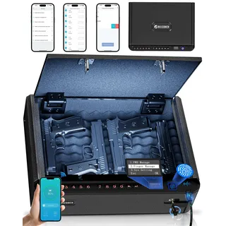 BILLCONCH Smart Gun Safe - Biometric Gun Safe for Pistols with Fingerprint/Full-digital Keypad/Key/Smartphone Lock, Quick-Access Pistol Safe for Beside Nightstand Handgun Safe with LCD/Voice Guide