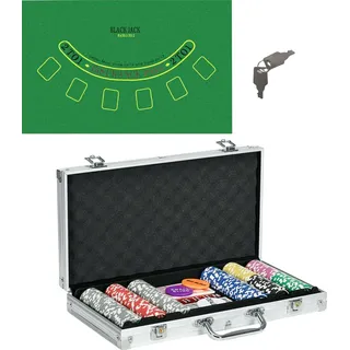sportnow Pokerkoffer Set, 300 Pokerchips 11,5 Gramm, Pokerset mit Schloss, 2 Pokerdecks, 5 Würfel, 1 Dealer Button, 1 Small Blind,1 Big Blind, Silber