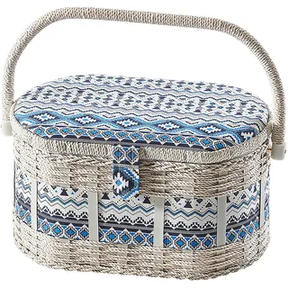 Kobolo Nähkästchen Nähkorb Nähkörbchen Nähkasten - blau natur aus Textil - 28x19x16 cm