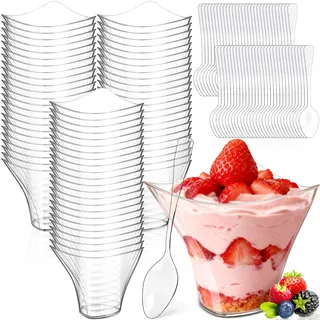 SACBRZZ 60 Stück Dessertgläser Plastik Mit 60 Stück Löffeln, 100ml Dessertbecher Klare Geschwungene Runde, Wiederverwendbar Dessertgläser, Für Zuhause Dessert Pudding Mousse Eiscreme Dessert Party