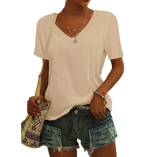 MOLERANI Damen Kurzarm V-Ausschnitt Tops Flowy Summer Casual Tuniken Einfarbig Khaki XL - XL