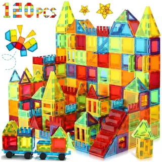 Olvy Magnetische Bausteine Montessori Spielzeug 120pcs, Magnetic Tiles Kinder, Magnetbausteine, Magnetisches Konstruktionsspielzeug Ab 3 Jahre, Magna